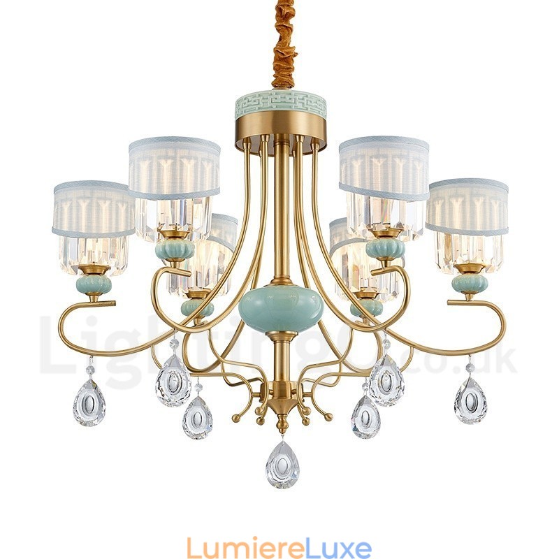 Lustre suspendu luxueux en laiton pur, rustique, rétro, vintage, en céramique, avec abat-jour en tissu et cristal