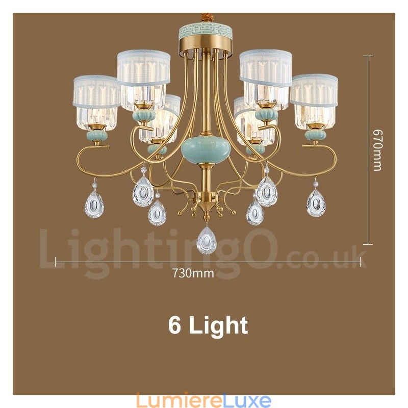 Lustre suspendu luxueux en laiton pur, rustique, rétro, vintage, en céramique, avec abat-jour en tissu et cristal