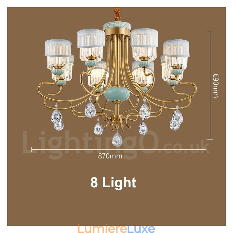 Lustre suspendu luxueux en laiton pur, rustique, rétro, vintage, en céramique, avec abat-jour en tissu et cristal