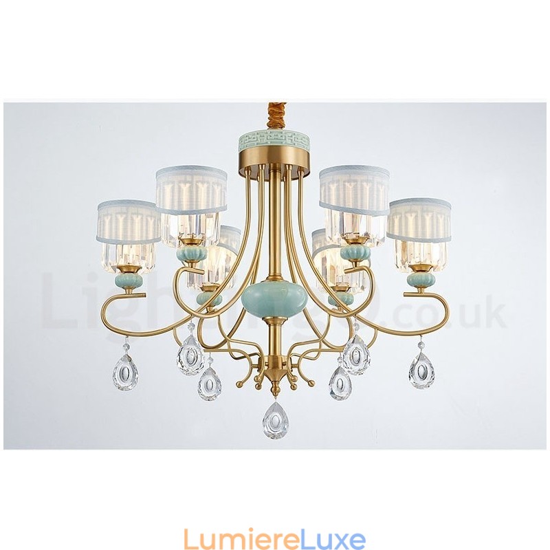 Lustre suspendu luxueux en laiton pur, rustique, rétro, vintage, en céramique, avec abat-jour en tissu et cristal