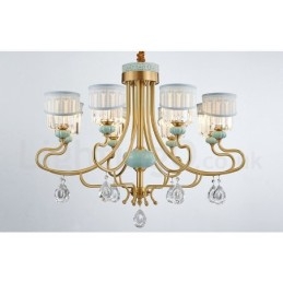 Lustre suspendu luxueux en laiton pur, rustique, rétro, vintage, en céramique, avec abat-jour en tissu et cristal