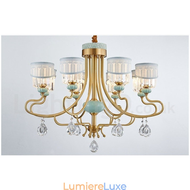 Lustre suspendu luxueux en laiton pur, rustique, rétro, vintage, en céramique, avec abat-jour en tissu et cristal
