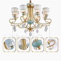 Lustre suspendu luxueux en laiton pur, rustique, rétro, vintage, en céramique, avec abat-jour en tissu et cristal