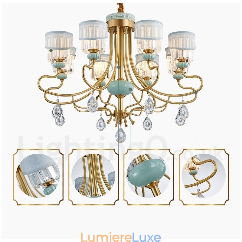 Lustre suspendu luxueux en laiton pur, rustique, rétro, vintage, en céramique, avec abat-jour en tissu et cristal
