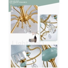 Lustre suspendu luxueux en laiton pur, rustique, rétro, vintage, en céramique, avec abat-jour en tissu et cristal