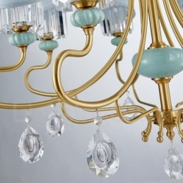 Lustre suspendu luxueux en laiton pur, rustique, rétro, vintage, en céramique, avec abat-jour en tissu et cristal