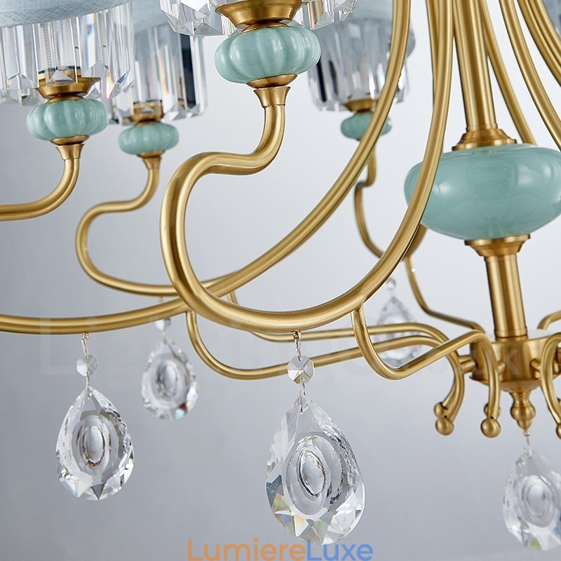 Lustre suspendu luxueux en laiton pur, rustique, rétro, vintage, en céramique, avec abat-jour en tissu et cristal