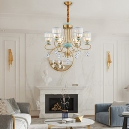 Lustre suspendu luxueux en laiton pur, rustique, rétro, vintage, en céramique, avec abat-jour en tissu et cristal