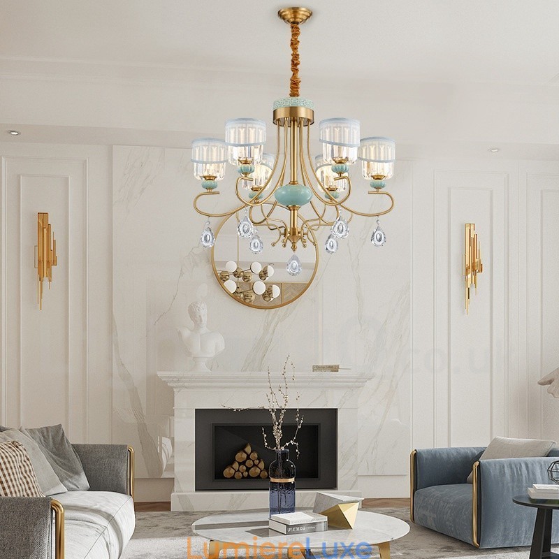 Lustre suspendu luxueux en laiton pur, rustique, rétro, vintage, en céramique, avec abat-jour en tissu et cristal