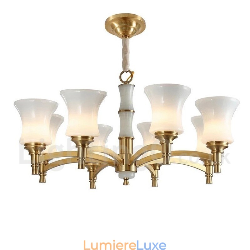 Lustre suspendu en laiton pur, luxueux, rustique, rétro, vintage, en pierre, avec abat-jour en verre