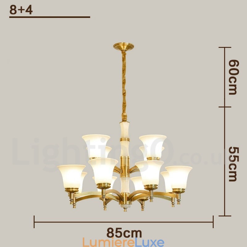 Lustre suspendu en laiton pur, luxueux, rustique, rétro, vintage, en pierre, avec abat-jour en verre