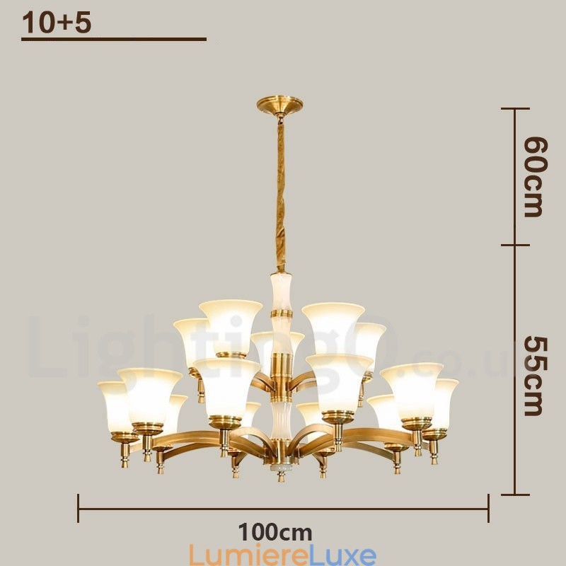 Lustre suspendu en laiton pur, luxueux, rustique, rétro, vintage, en pierre, avec abat-jour en verre