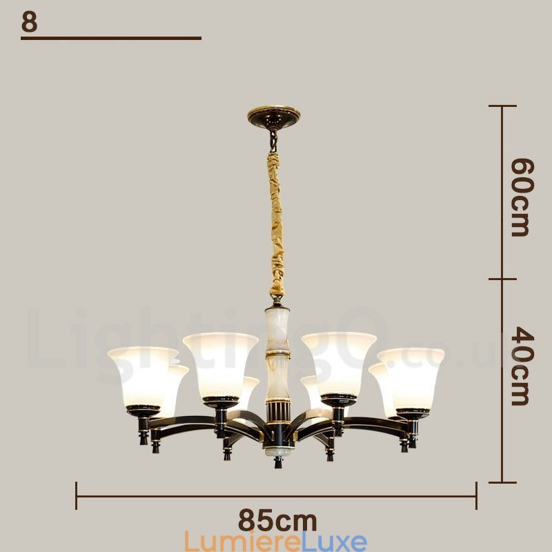 Lustre suspendu en laiton pur, luxueux, rustique, rétro, vintage, en pierre, avec abat-jour en verre