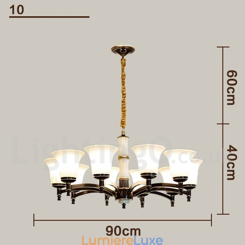 Lustre suspendu en laiton pur, luxueux, rustique, rétro, vintage, en pierre, avec abat-jour en verre