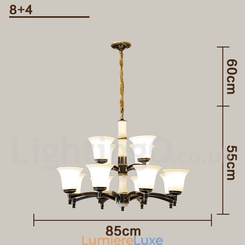 Lustre suspendu en laiton pur, luxueux, rustique, rétro, vintage, en pierre, avec abat-jour en verre