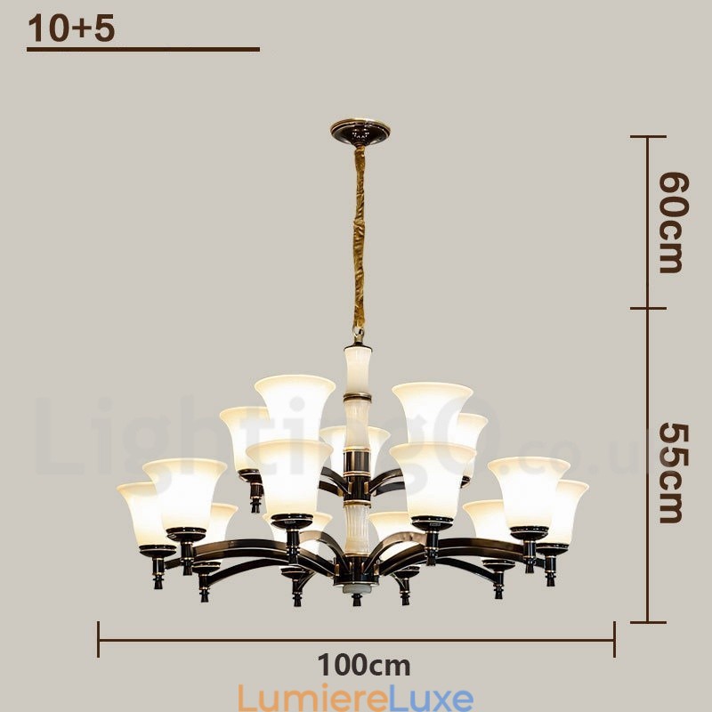 Lustre suspendu en laiton pur, luxueux, rustique, rétro, vintage, en pierre, avec abat-jour en verre