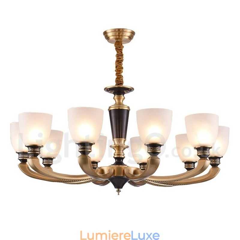 Lustre suspendu luxueux en laiton pur, rustique, rétro, vintage, avec abat-jour en verre