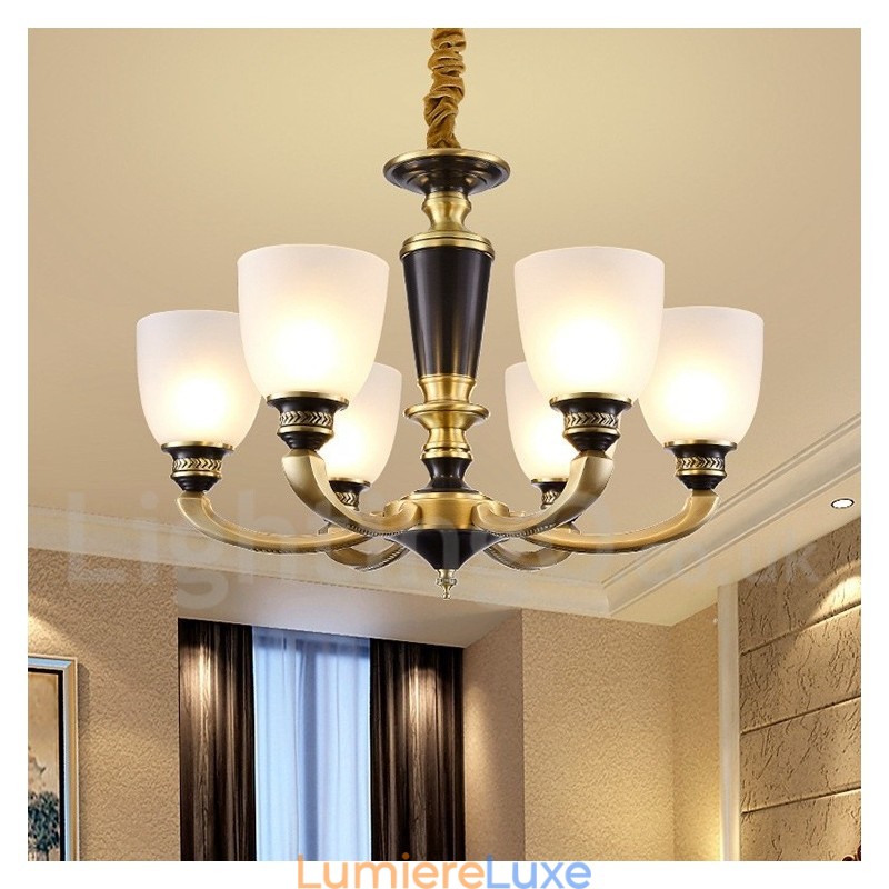 Lustre suspendu luxueux en laiton pur, rustique, rétro, vintage, avec abat-jour en verre