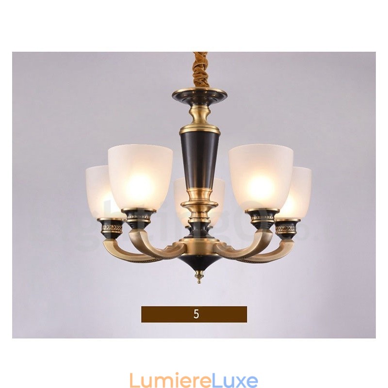 Lustre suspendu luxueux en laiton pur, rustique, rétro, vintage, avec abat-jour en verre