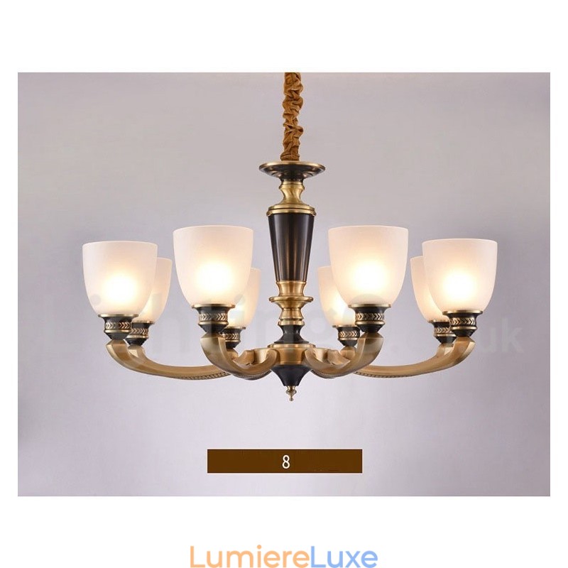 Lustre suspendu luxueux en laiton pur, rustique, rétro, vintage, avec abat-jour en verre