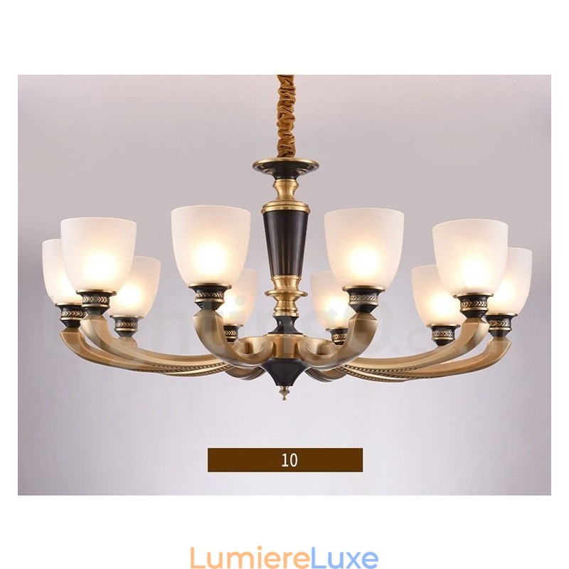 Lustre suspendu luxueux en laiton pur, rustique, rétro, vintage, avec abat-jour en verre