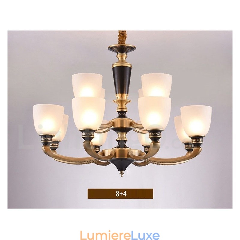 Lustre suspendu luxueux en laiton pur, rustique, rétro, vintage, avec abat-jour en verre