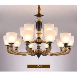 Lustre suspendu luxueux en laiton pur, rustique, rétro, vintage, avec abat-jour en verre