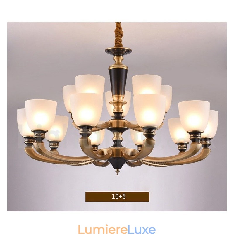 Lustre suspendu luxueux en laiton pur, rustique, rétro, vintage, avec abat-jour en verre