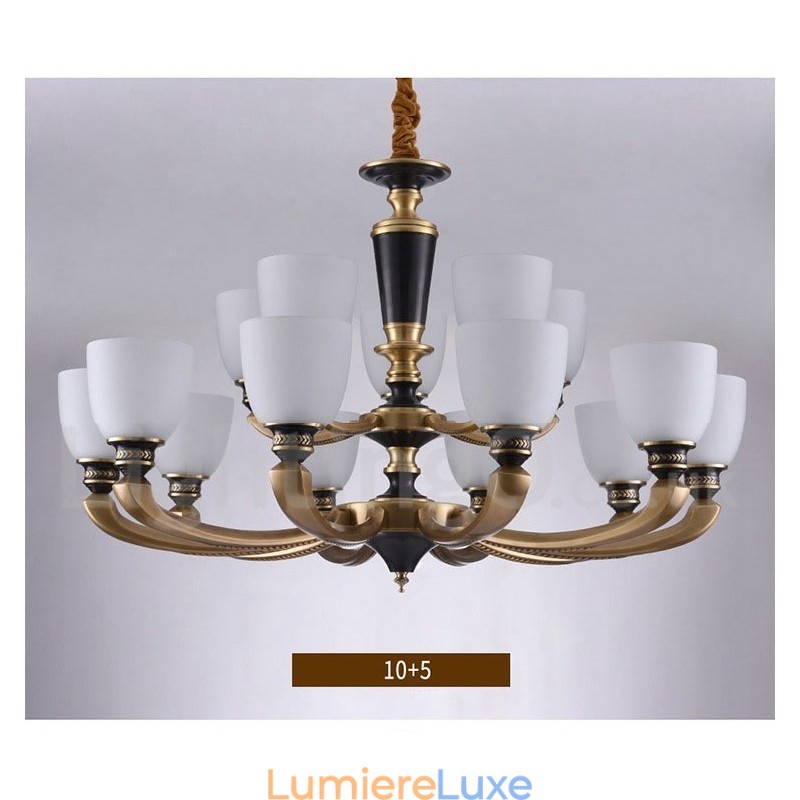 Lustre suspendu luxueux en laiton pur, rustique, rétro, vintage, avec abat-jour en verre