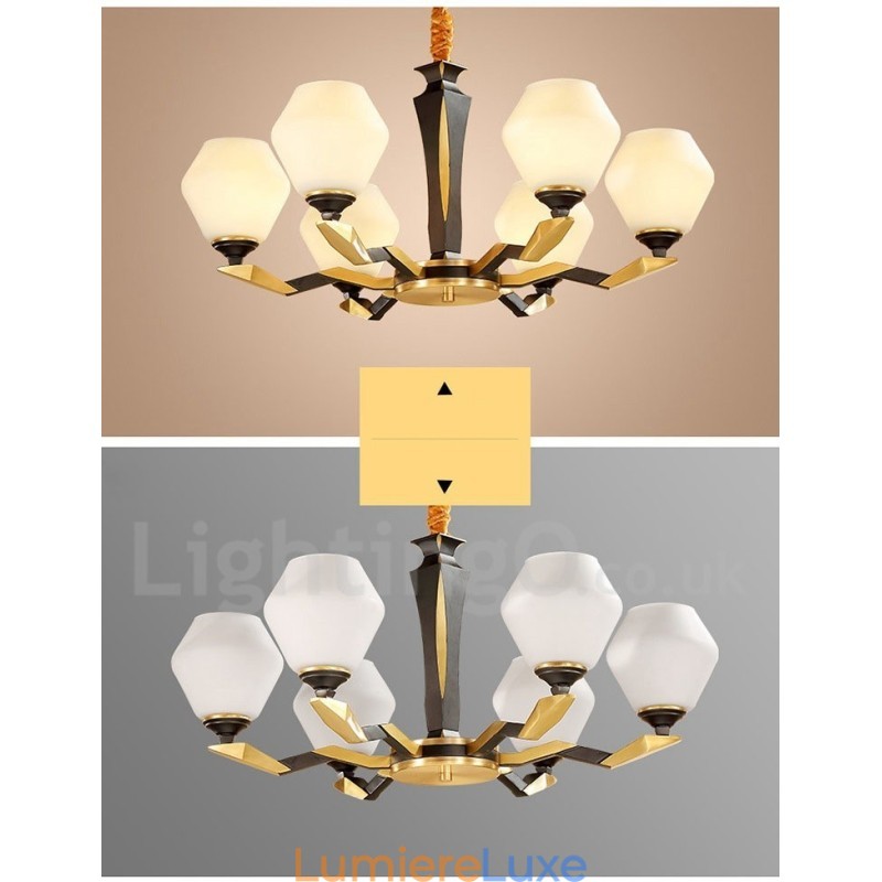 Lustre suspendu en laiton pur, luxueux, rustique, rétro, vintage, avec abat-jour en verre