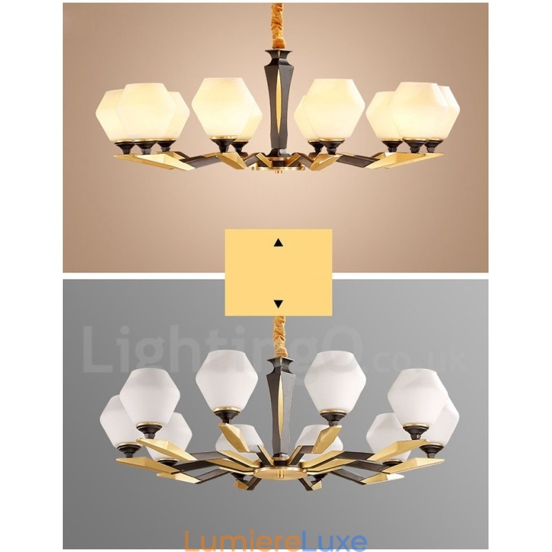 Lustre suspendu en laiton pur, luxueux, rustique, rétro, vintage, avec abat-jour en verre