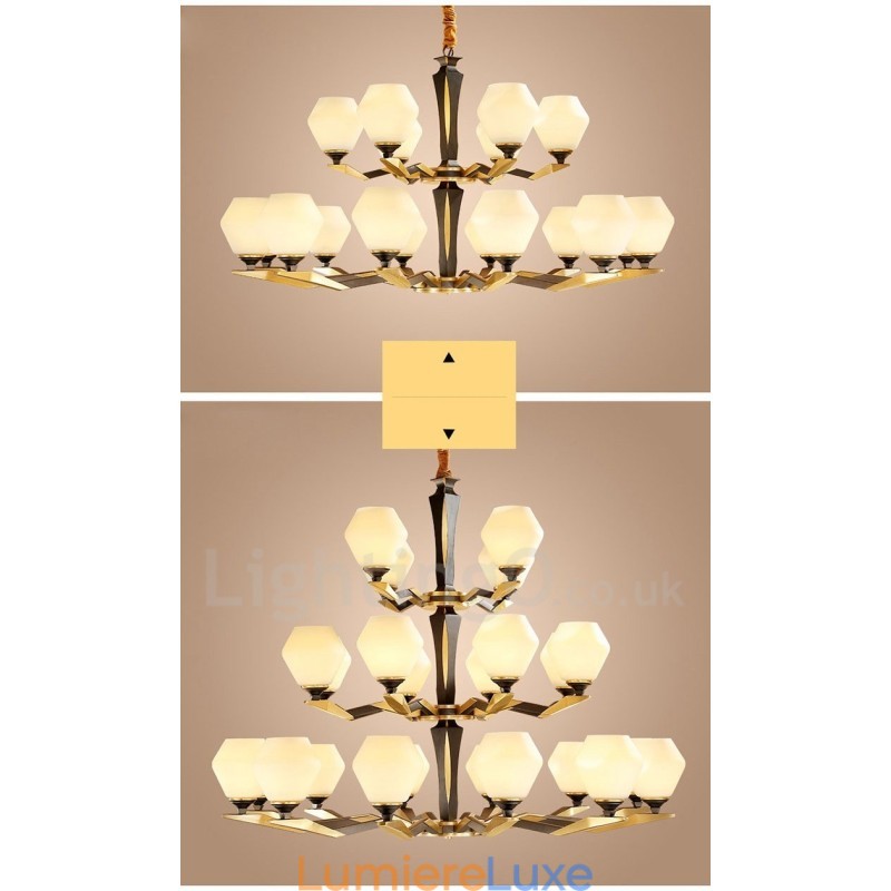 Lustre suspendu en laiton pur, luxueux, rustique, rétro, vintage, avec abat-jour en verre