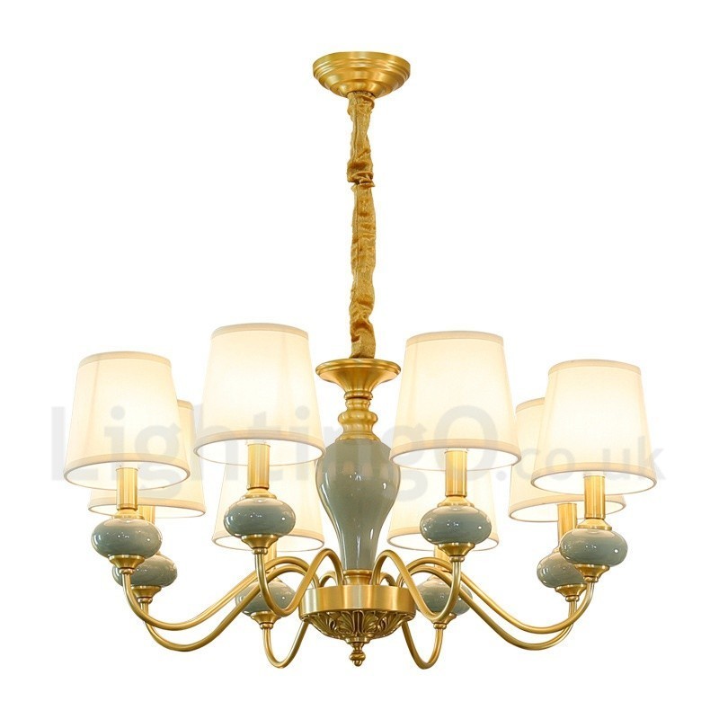 Lustre suspendu luxueux en laiton pur, rustique, rétro, vintage, en céramique, avec abat-jour en tissu