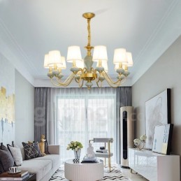 Lustre suspendu luxueux en laiton pur, rustique, rétro, vintage, en céramique, avec abat-jour en tissu