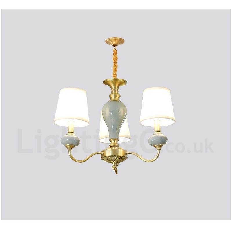 Lustre suspendu luxueux en laiton pur, rustique, rétro, vintage, en céramique, avec abat-jour en tissu