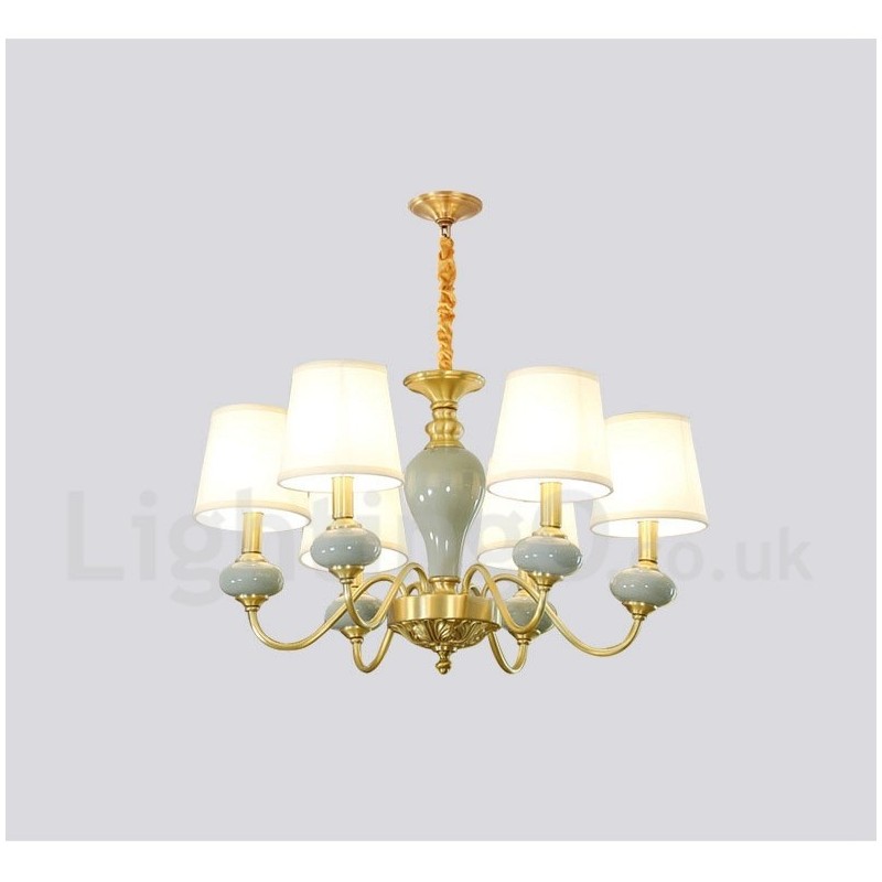 Lustre suspendu luxueux en laiton pur, rustique, rétro, vintage, en céramique, avec abat-jour en tissu