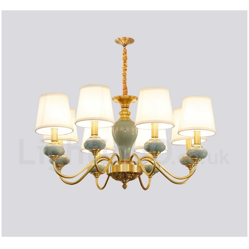 Lustre suspendu luxueux en laiton pur, rustique, rétro, vintage, en céramique, avec abat-jour en tissu
