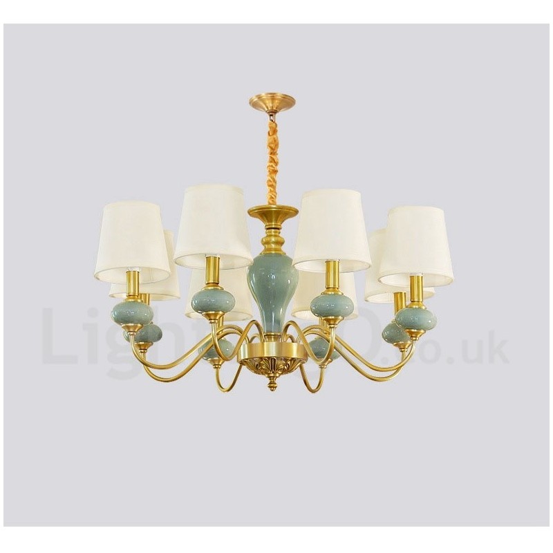 Lustre suspendu luxueux en laiton pur, rustique, rétro, vintage, en céramique, avec abat-jour en tissu