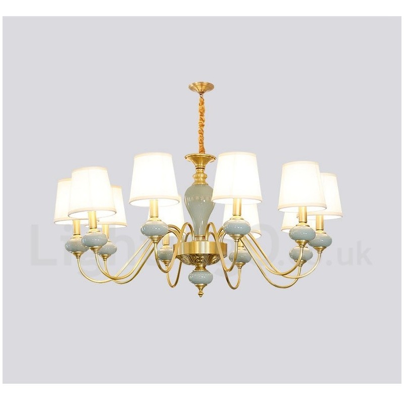 Lustre suspendu luxueux en laiton pur, rustique, rétro, vintage, en céramique, avec abat-jour en tissu