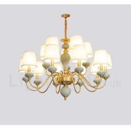 Lustre suspendu luxueux en laiton pur, rustique, rétro, vintage, en céramique, avec abat-jour en tissu