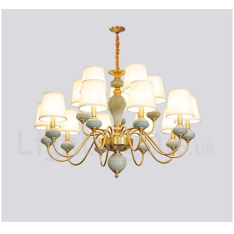Lustre suspendu luxueux en laiton pur, rustique, rétro, vintage, en céramique, avec abat-jour en tissu