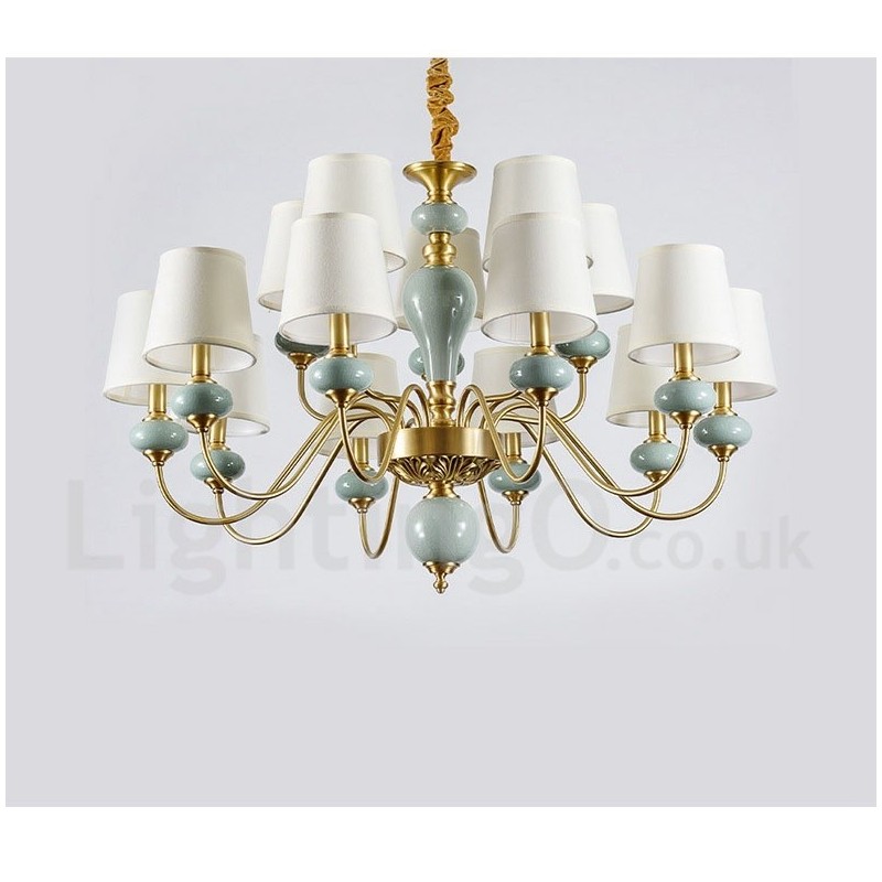 Lustre suspendu luxueux en laiton pur, rustique, rétro, vintage, en céramique, avec abat-jour en tissu
