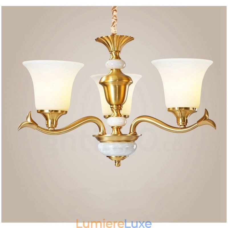 Lustre suspendu en laiton pur, luxueux, rustique, rétro, vintage, en pierre, avec abat-jour en verre