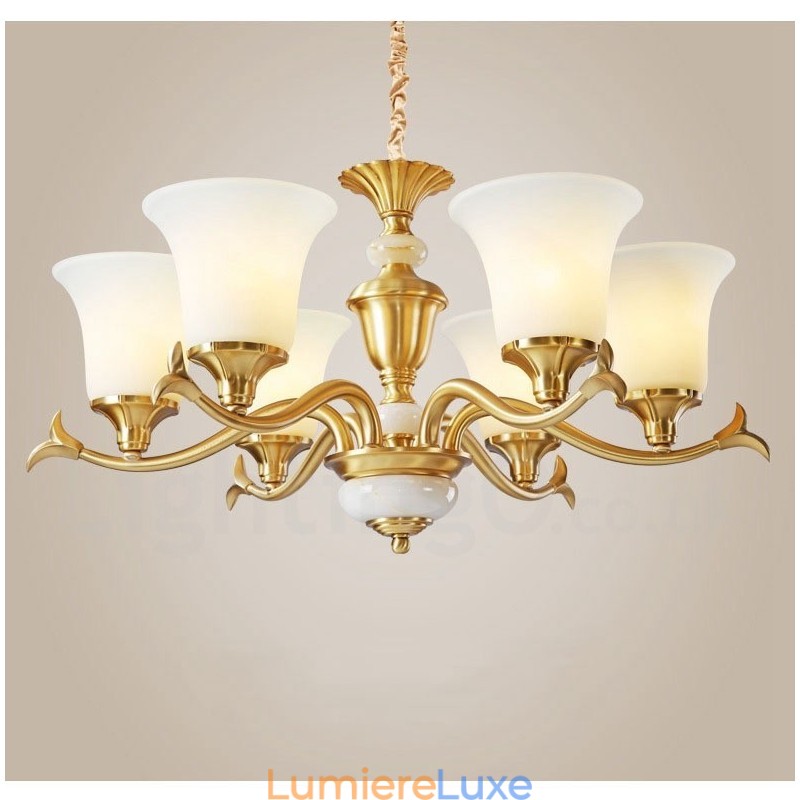 Lustre suspendu en laiton pur, luxueux, rustique, rétro, vintage, en pierre, avec abat-jour en verre