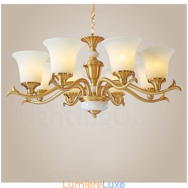 Lustre suspendu en laiton pur, luxueux, rustique, rétro, vintage, en pierre, avec abat-jour en verre