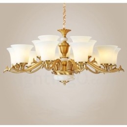 Lustre suspendu en laiton pur, luxueux, rustique, rétro, vintage, en pierre, avec abat-jour en verre