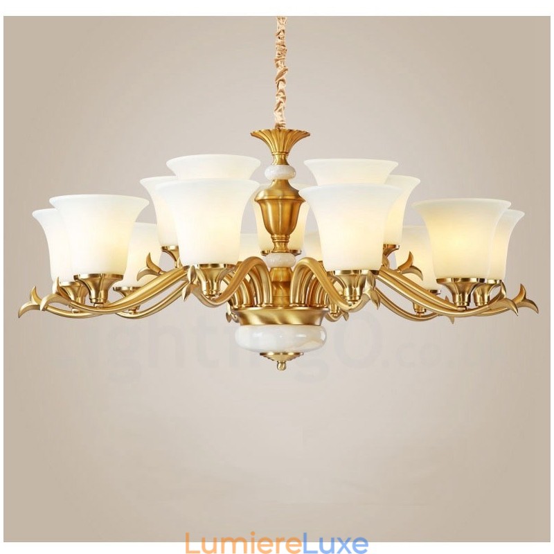 Lustre suspendu en laiton pur, luxueux, rustique, rétro, vintage, en pierre, avec abat-jour en verre