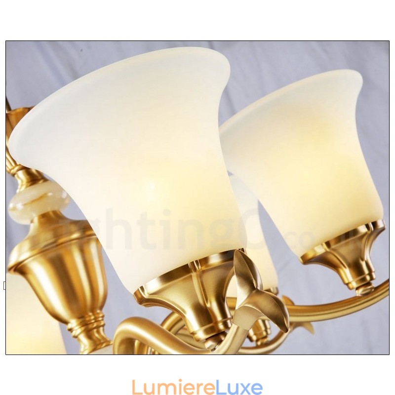 Lustre suspendu en laiton pur, luxueux, rustique, rétro, vintage, en pierre, avec abat-jour en verre