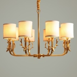 Lustre suspendu luxueux en laiton pur, rustique, rétro, vintage, avec abat-jour en tissu