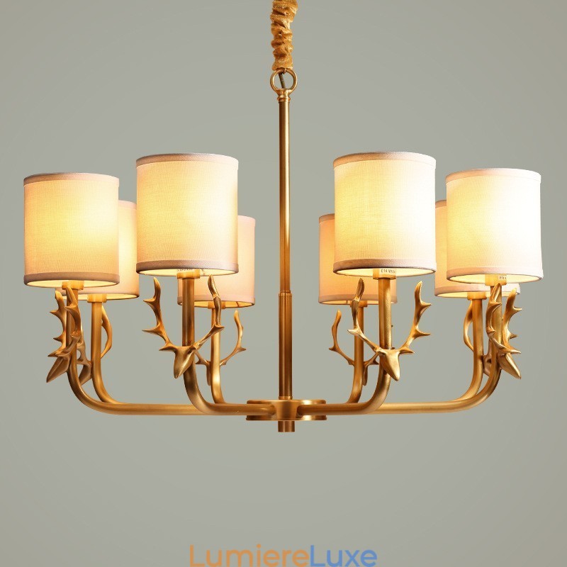 Lustre suspendu luxueux en laiton pur, rustique, rétro, vintage, avec abat-jour en tissu
